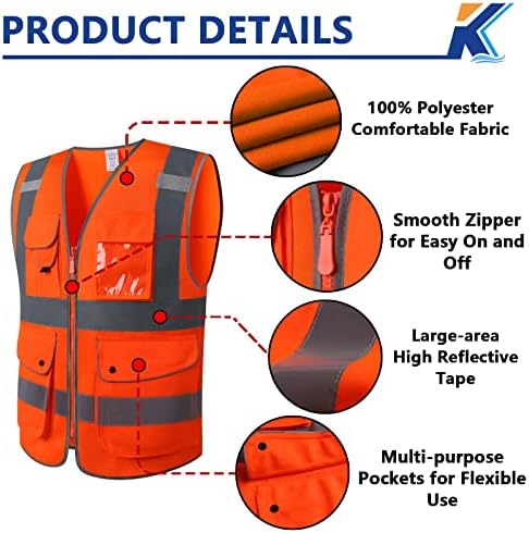 Жилетка за безопасност повишена видимост Kazsaifo със светлоотразителни ивици, 9 джобове, строителен жилетка Hi Vis Отговаря
