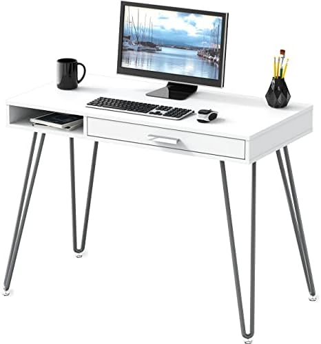 SHW Компютърна маса на висок ток за домашния офис, с чекмедже, бял
