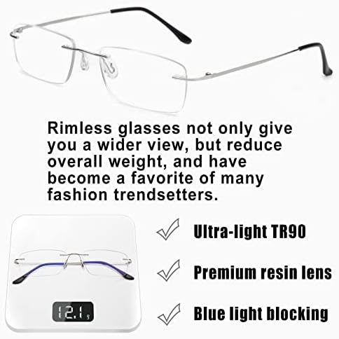 Soarea Титанов очила за четене без рамки за мъже и жени, ултра-леки сребристи метални очила за четене, блокиране