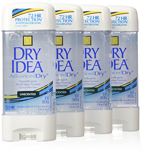 Dry Idea Усъвършенстван Суха против изпотяване и Дезодорант, Прозрачен гел, 72 часа, Без мирис, 3 грама (опаковка от 4