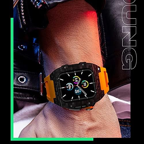 CNHKAU Луксозен калъф от сплав от въглеродни влакна, набор ленти за Apple Watch Series 8, 45 мм и каишка от каучук, комплект