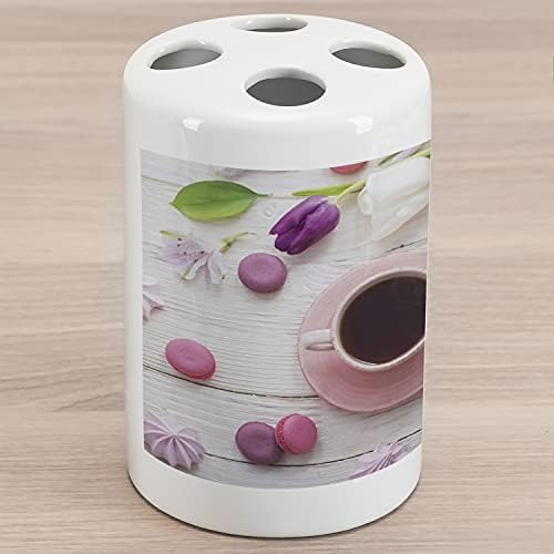 Керамични Държач за четка за зъби Ambesonne Кафе, Снимка на чаша с Бадемово бисквити и Свежи цветове на лалета, отгоре, Декоративна