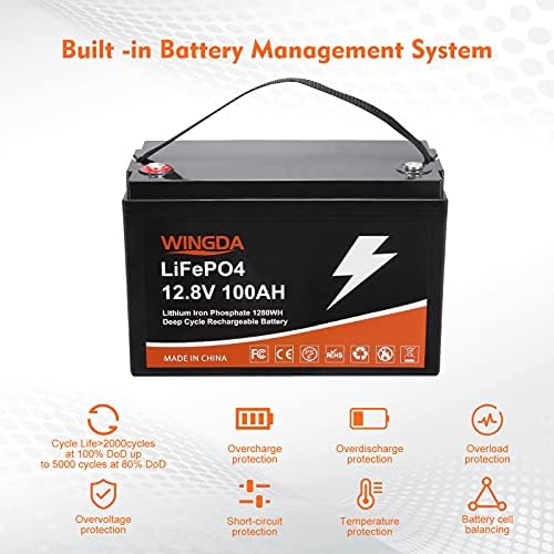 Батерия WINGDA LiFePO4 12V 100Ah литиеви батерии дълбоко цикъл с вграден BMS, 5000 + цикли, срок на служба 10 години,