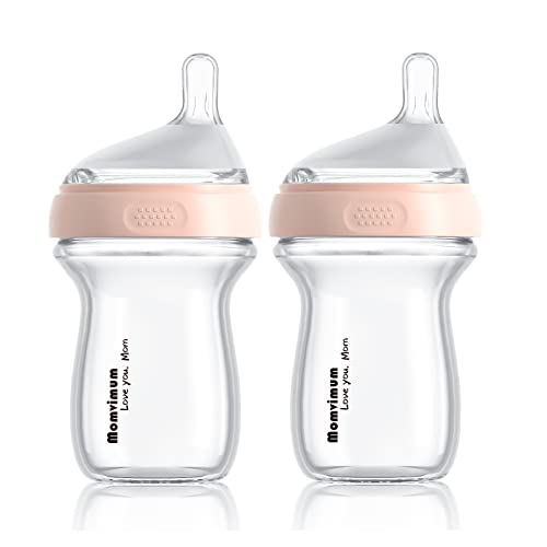 Стъклена детска бутилка 6 унции - Бутилка във формата на гърдите за деца на кърменето, С широко гърло, Срещу колики, от 3 месеца