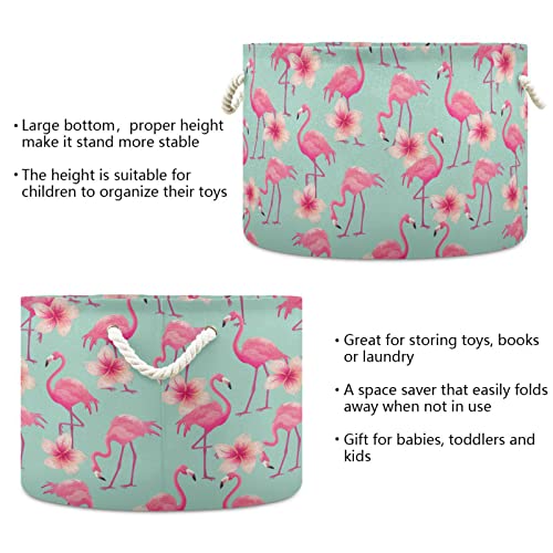 Голяма Кръгла Кошница за съхранение на Kigai Beautiful Розов Flamingo с дръжка, Сгъваем Декоративни Кошници за бельо, за