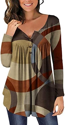 Дамски Блузи, Ежедневни Ризи С Геометричен Принтом във формата на цветни Блокове, Дълъг Ръкав, Открита Пуговица, V-образно