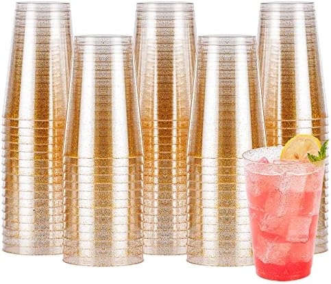 100ШТ 14 унции Блестящи Пластмасови Чаши за парти, за Еднократна употреба Златни Пластмасови Чаши, Пластмасови Чаши за Коктейли