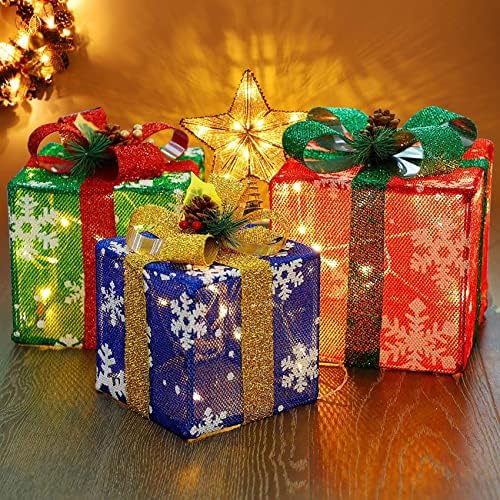 Коледни Декорации Комплект от 3 Подарък Кутии с Подсветка, Led Подарък кутия с Осветление, Декор на Батерии за Коледната Елха,