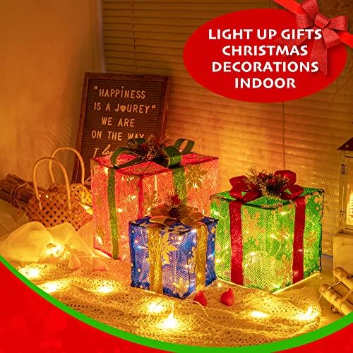 Комплект от 3 Коледни подаръци кутии с осветление, Сгъваеми Коледна украса с подсветка на 60 led лампи, Изкуствени
