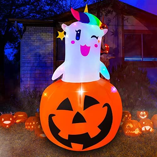 SEASONBLOW 6 Фута Хелоуин Надуваем Сладък Призрак Еднорог Тиква с променящите се Цвят Led Лампа Украса Надуваем