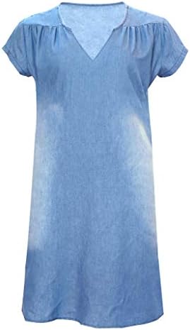 Жена Винтажное Синьо Джинсовое Рокля-риза с Къс Ръкав, Джинсовое Рокля-Риза копчета