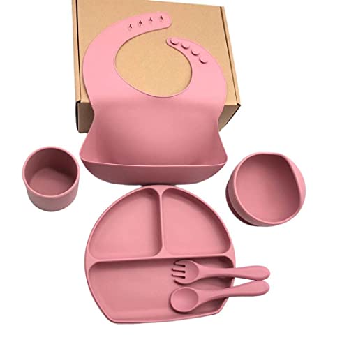 силиконов комплект за хранене 6шт за момчета и момичета: Преносими прибори, лигавник, чиния, Купа, вилица, лъжица и