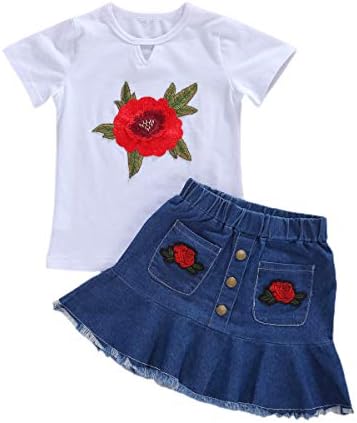 LXXIASHI / Комплект Дънкови Поли от 2 теми за малките Момичета, Тениска с къс ръкав, Топ + Пола с Еластична гумена