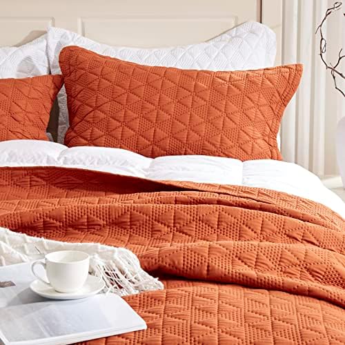 Комплекти спално бельо Burnt Orange Queen Size Queen Size-3 бр., Леко лятно покривало за легло-90 x 98, Луксозно меко 3D