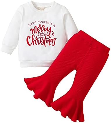 Коледна Тениска с дълги ръкави и писмото принтом за малки момичета, Блузи, Пуловери-Клеш, Разкроена Панталони,