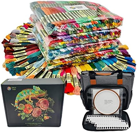 447 Цветове - Премиум Египетски памук - Икона Кръстат Бод с Конци за бродиране на Всички 447 цветове в комплекта чанта-органайзер