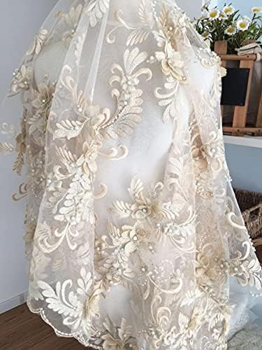 Лейси Плат Pumfabric за сватба, Луксозни Лейси Плат с 3D Перлата на Перли, Бродерия на Цветя, цвят Шампанско,