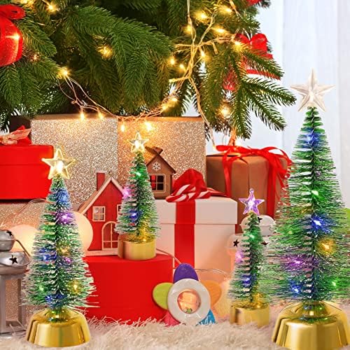 AnyDesign Коледна Маса Мини-Бор с led подсветка, Изкуствена Matte Миниатюрна бор с основание, Цветни Коледно Дърво със Звезда
