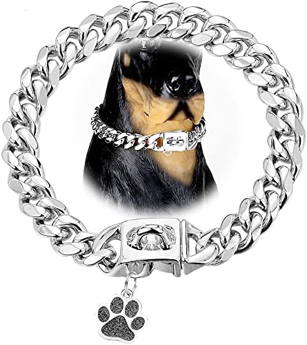 Врат-на веригата за кучета LuxLife, Нашийник за кучета Cuban Link, 12 мм, с Катарама за кучешки етикети, Сребърен