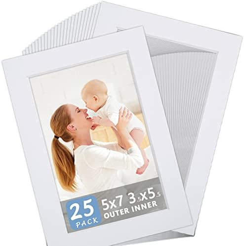 Somime 25 Опаковки бели постелки за снимки - 5x7 предварително изрязани постелки за снимки с размери 4x6 - Бяла