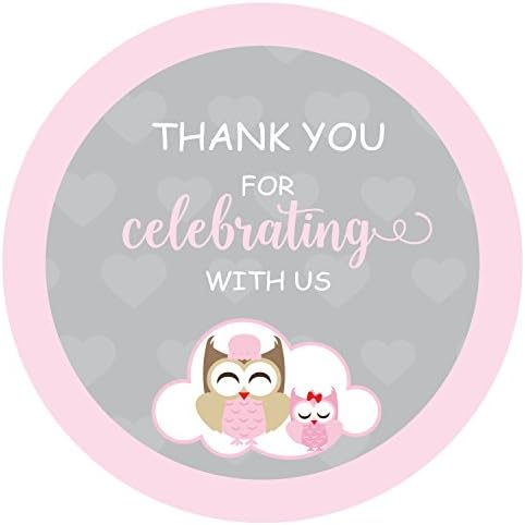 Колекция XOXOKristen Pink душ за малки момичета: Етикети с надпис Owl Baby Shower Благодаря ви, че се отпразнува с нас