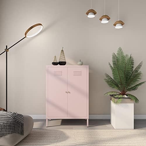 LINGZOE 2-врати розово метален шкаф за съхранение, акцентные шкафове с врати и рафтове, метални шкафчета за