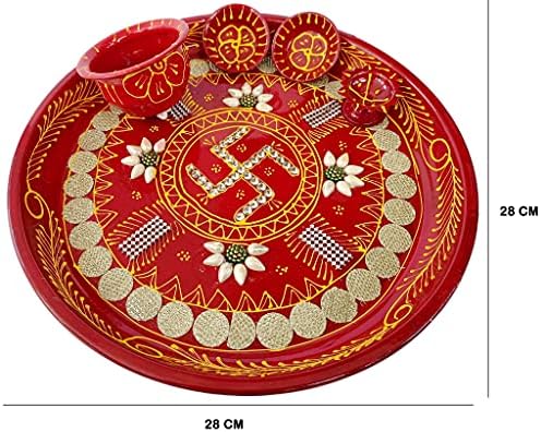 Метален набор от Дивали с ръчно рисувани Pooja Aarti Тали - Произведено в Индия (в Червено) от Indian Collectible