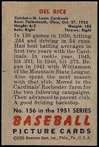 1951 Боуман 156 Дел Райс Сейнт Луис Кардиналс (Бейзболна картичка) БИВШ Кардиналс