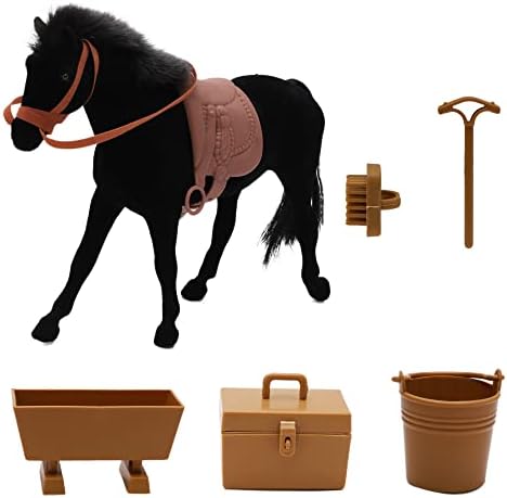 Комплект за коне и аксесоари Toyland® - Кон 19 см, Пътеки, Ведерко, Пияч и четка - Играчки за коне - Бели,