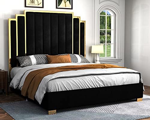 Рамка на легло-платформа Albott King Size, 65-Инчовата легло с кадифена тапицерия и Златист таблата / Дървени