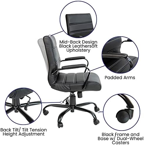 Работно стол Flash Furniture Уитни със средна облегалка - Черно Офис стол за мениджъри от изкуствена кожа с Черна рамка