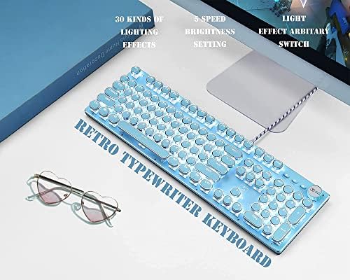 Ръчна Детска Клавиатура LIOURFE за кабелна Синьо Пишеща машина в Ретро стил, с чисто Бяла подсветка, 108 клавиши, Реколта