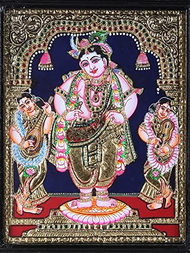 Екзотична Индийска живопис Стои Господ Кришна Танджоре | Традиционните Цветове С 24-Каратово злато | Рамка от Тиково