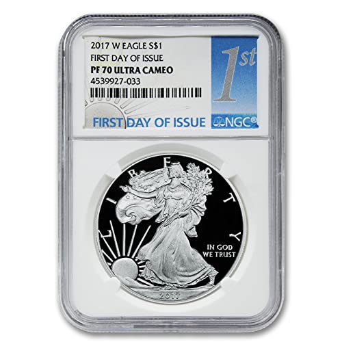 2017 г. Монета с камеей American Silver Eagle PF-70 Ultra Proof 1 унция (Първия ден на издаване) на стойност 1 щатски долар