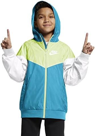 Яке с качулка Nike Sportswear за момчета Windrunner с пълна цип (Голям размер, Хлорно-синьо / основни вар лед / Бял /White)