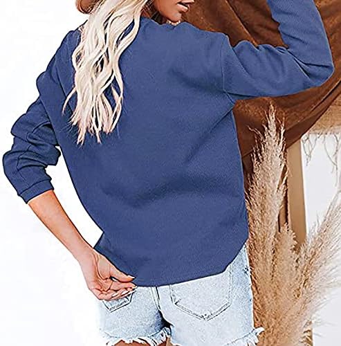 Дамски ежедневни ризи Henley, обикновен пуловер с кръгло деколте и копчета, блузи свободно намаляване с дълъг ръкав, потници