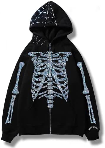 Черен скелет hoody с качулка на цип готически Y2K диамантен блясък оверсайз яке гръндж, пънк тъмни кръгове електронна момиче