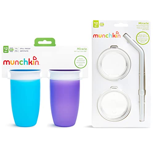 Поильник за деца Munchkin® Miracle® 360, синьо / виолетово, 10 унции, 2 опаковки, поильник от 3 теми със сламен