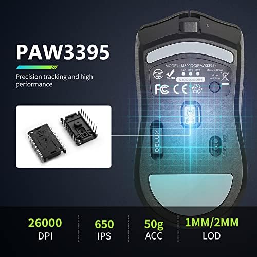 Безжична детска мишка DeLUX M800PRO 3395, с сензор PAW3395 26000 точки на инч, трехрежимная, ключове Huano Pink, че батерията