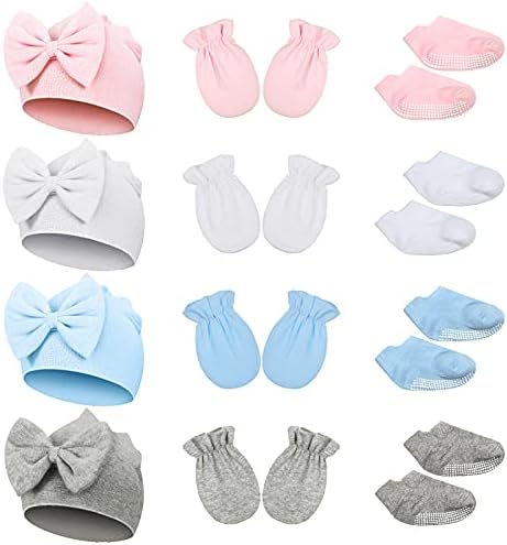 12 Двойки на Бебешки Шапки-бини за Новородени с Лък, Мини Детски Чорапи и Памучни Ръкавици, Ръкавици Без Драскотини,