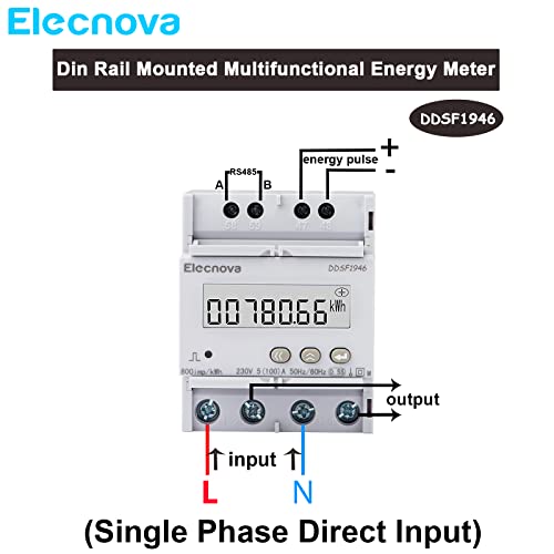 Монофазни електромера Elecnova DDSF1946, кВт/ч, Монтаж на DIN-шина 1P2W AC 230V 5 (100) Напрежение Ток фактор на мощността