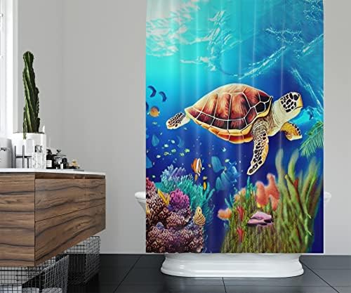 Комплекти Завеса за душ под формата на Морска Костенурка с Куки Под Морската Графичен Декор за Баня 72x72 Инча