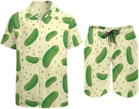 Мъжки Хавайски Комплект с Шарени Кисели Краставички, 2 броя, Ризи с къс ръкав Копчета, Плажни Панталони на Свободния Намаляване,