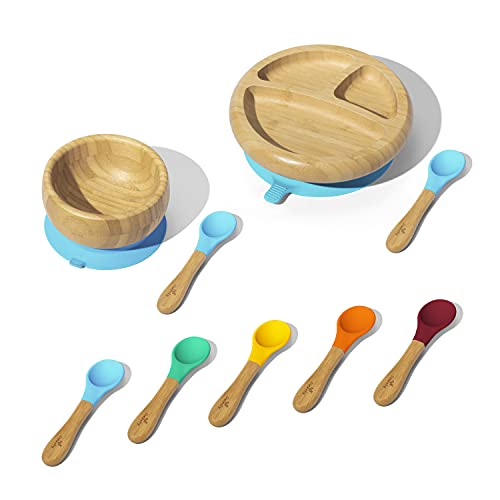 Комплект разделени детски чинии, мисок и лъжици Avanchy от бамбук - Нещастници и купичка за деца от 9 месеца