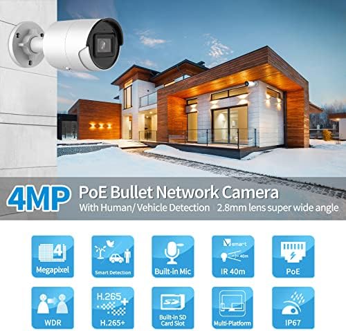 4-Мегапикселова IP камера PoE Bullet, Външна Мрежова камера с обектив 2,8 мм, За откриване на човек / на превозното