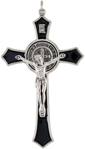 Сребърен Тон, Разпятието на Свети Бенедикт, Черен Емайл, Медальон с Емайл медал Бенедиктинца, Католическата Религиозно Бижу,