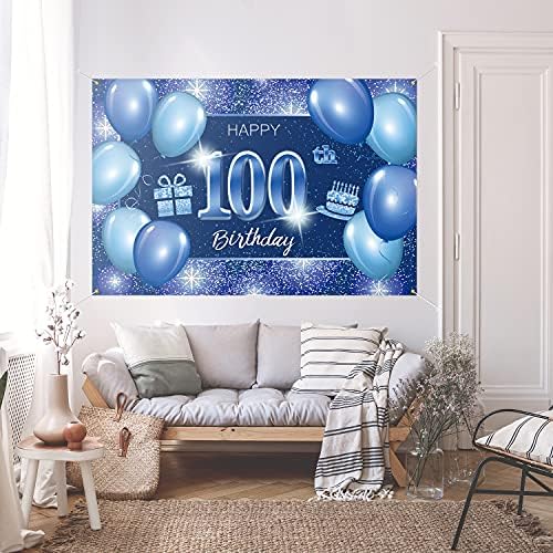 Честит 100–ия Рожден Ден на Фона на Банер Декор В Синята Точка С Пайети, 100 Години, Тематична Украса за Парти по Случай рождения