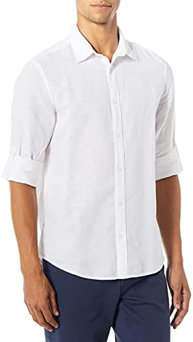 Мъжка риза от плътен лен и памук Perry Ellis Slim Fit с навити ръкави и копчета (Размер Small-Xx-Large)