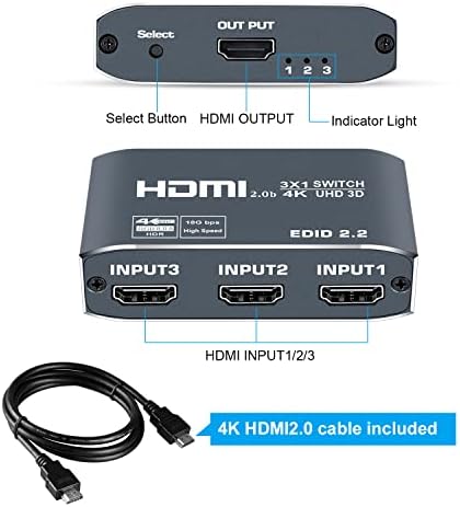 HDMI превключвател 4K @ 60Hz 3 в 1 алуминиева сплав 【с 4-футовым кабел HDMI 2.0】, многопортовый преминете avedio