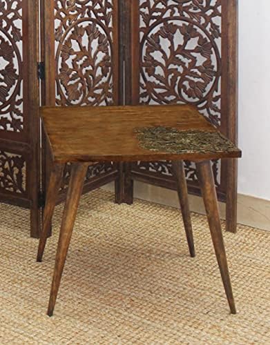 Приставной маса с дървени акцент - Твърд Издълбани малка странична масичка с антично кафяво-златист метален дизайн
